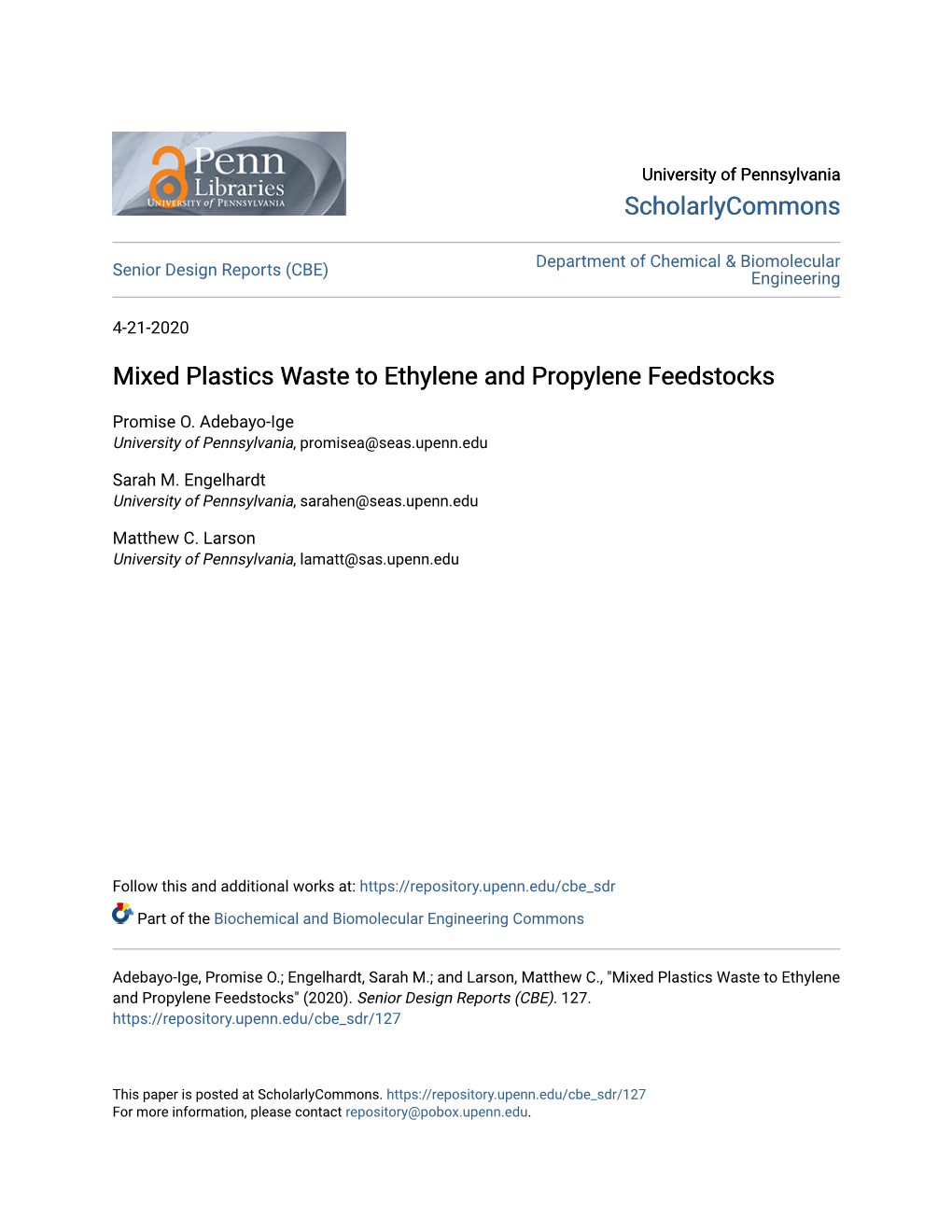 Mixed Plastics Waste to Ethylene and Propylene Feedstocks