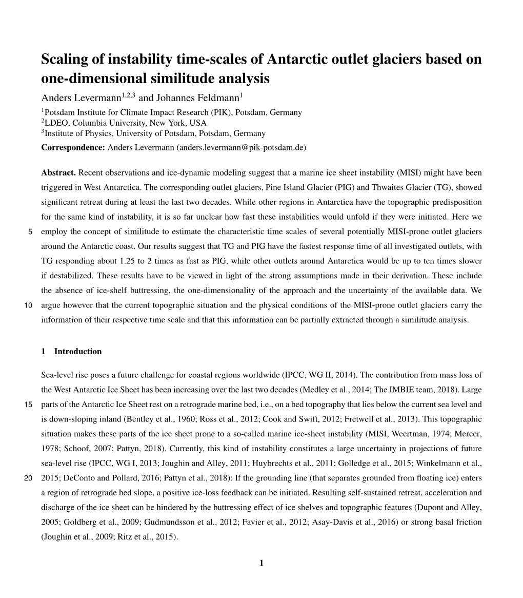 Scaling of Instability Time-Scales of Antarctic Outlet Glaciers Based on One-Dimensional Similitude Analysis