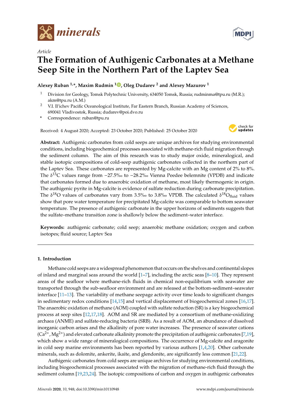 The Formation of Authigenic Carbonates at a Methane Seep Site in the Northern Part of the Laptev Sea