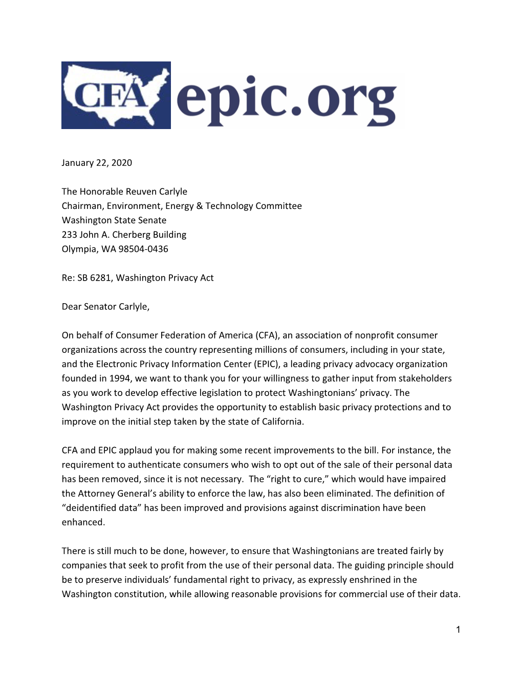 January 22, 2020 the Honorable Reuven Carlyle Chairman, Environment, Energy & Technology Committee Washington State Senate 2