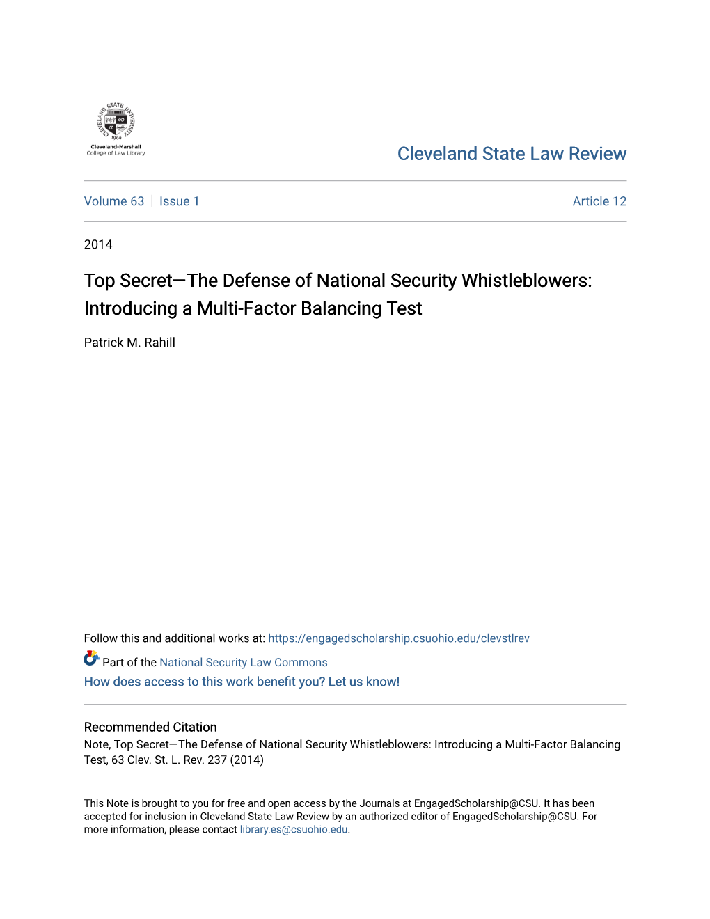 Top Secret—The Defense of National Security Whistleblowers: Introducing a Multi-Factor Balancing Test