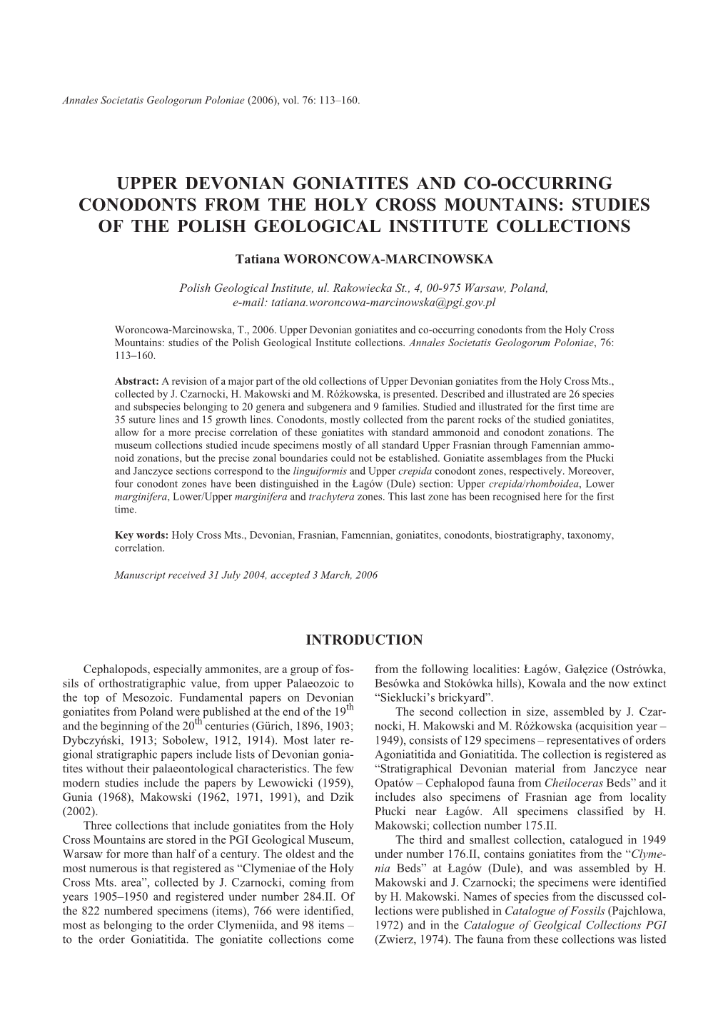 Upper Devonian Goniatites and Co-Occurring Conodonts from the Holy Cross Mountains: Studies of the Polish Geological Institute Collections