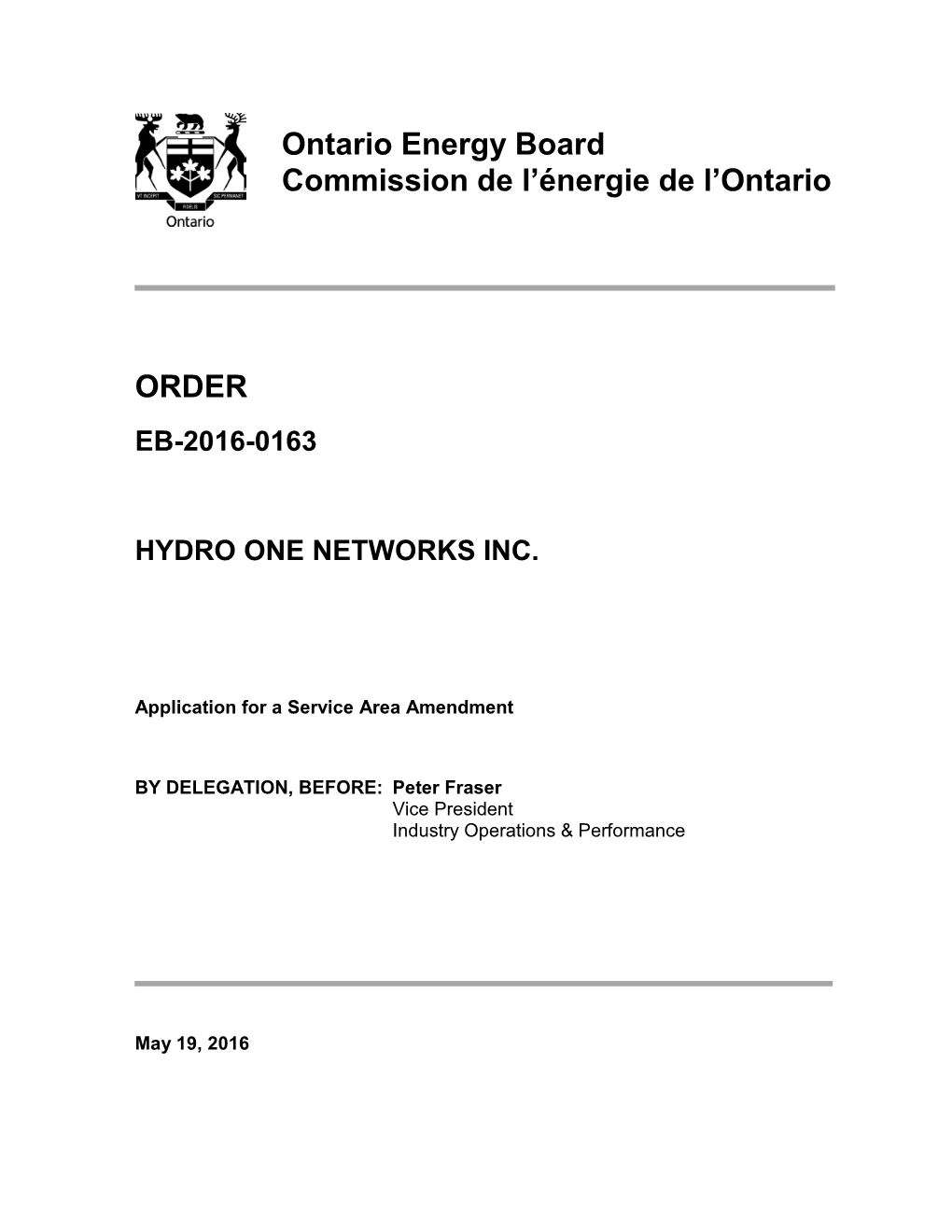 ORDER Ontario Energy Board Commission De L'énergie De L'ontario