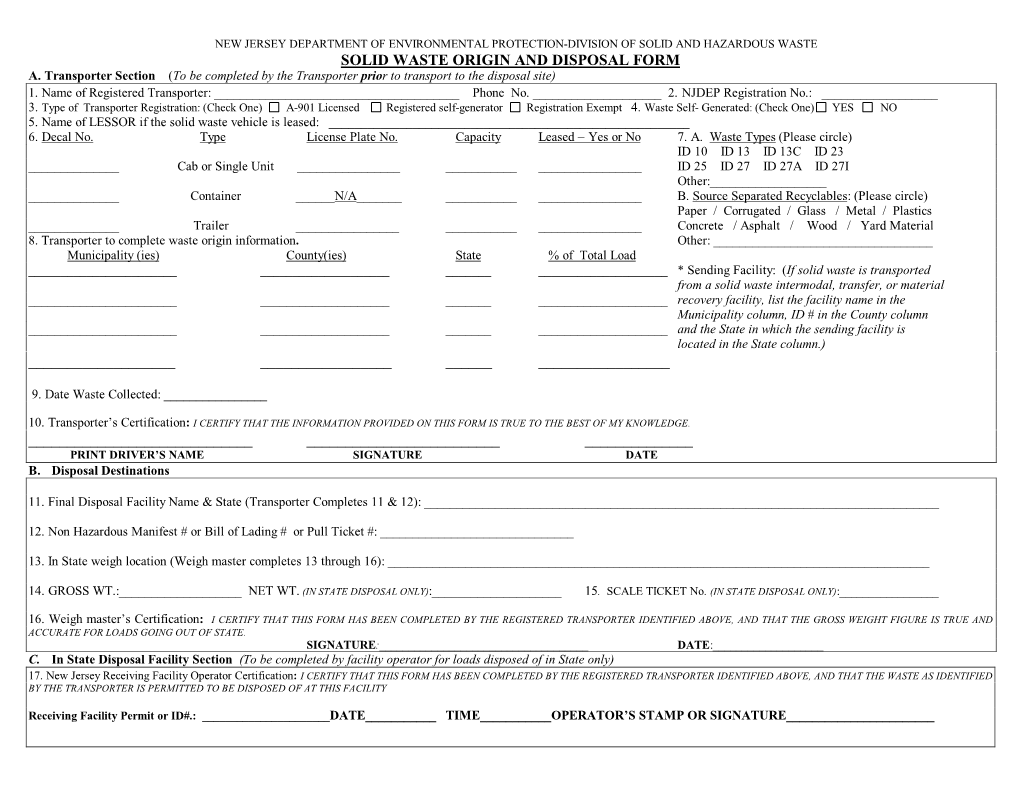 Solid Waste Origin and Disposal Form A