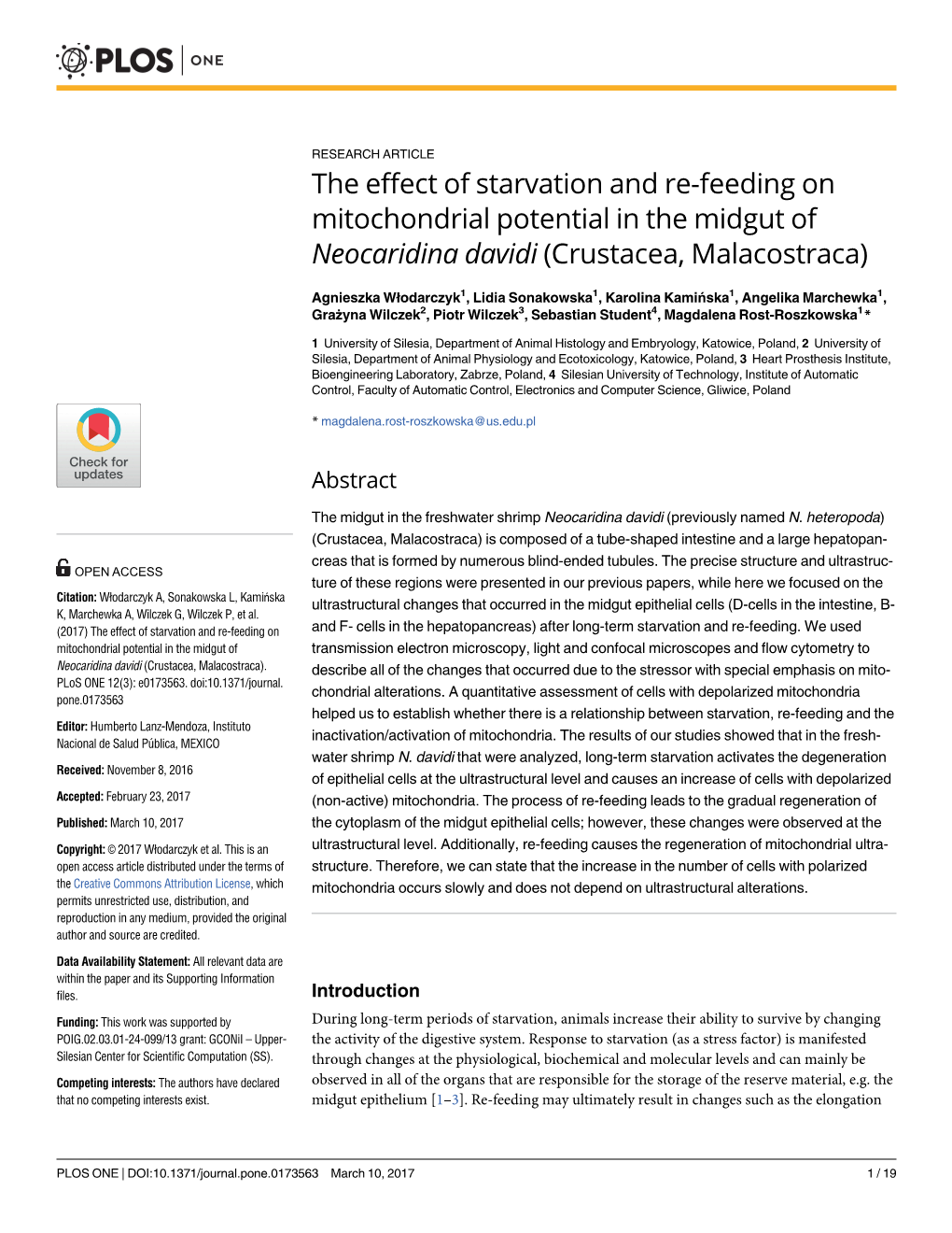 The Effect of Starvation and Re-Feeding on Mitochondrial Potential in the Midgut of Neocaridina Davidi (Crustacea, Malacostraca)