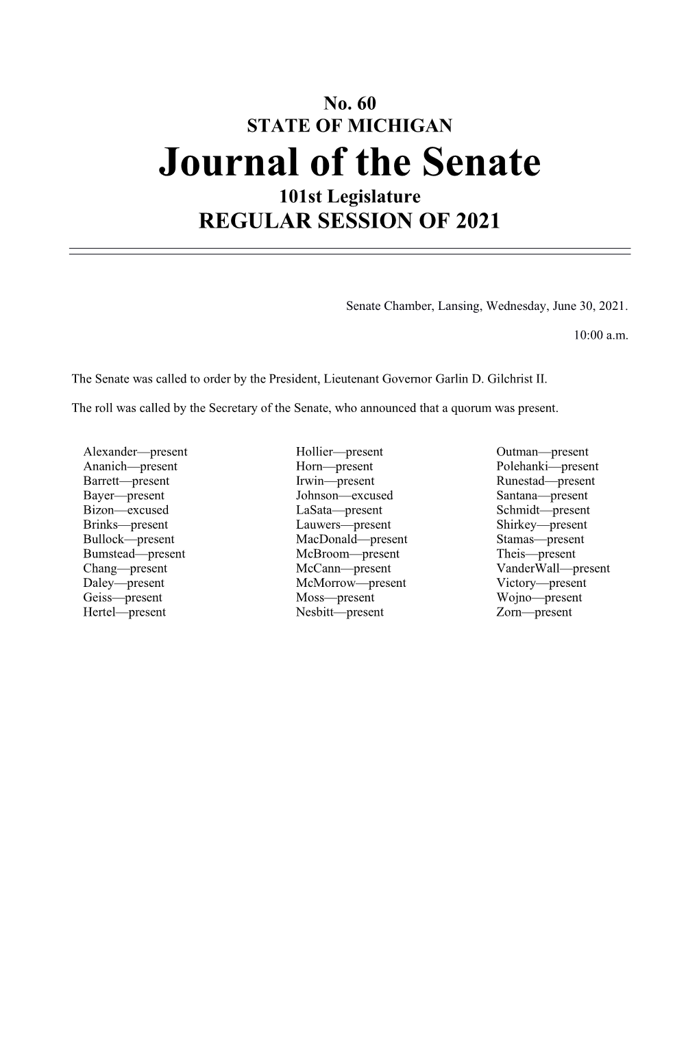 Journal of the Senate 101St Legislature REGULAR SESSION of 2021