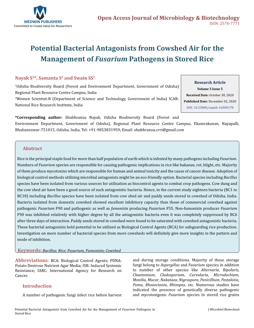 Nayak S, Et Al. Potential Bacterial Antagonists from Cowshed Air for the Management of Fusarium Copyright© Nayak S, Et Al