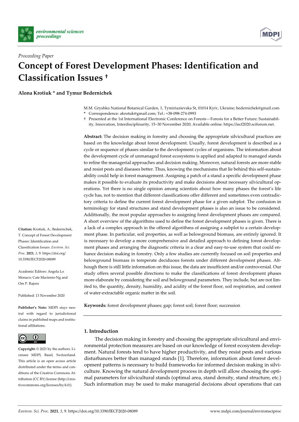 Concept of Forest Development Phases: Identification and Classification Issues †