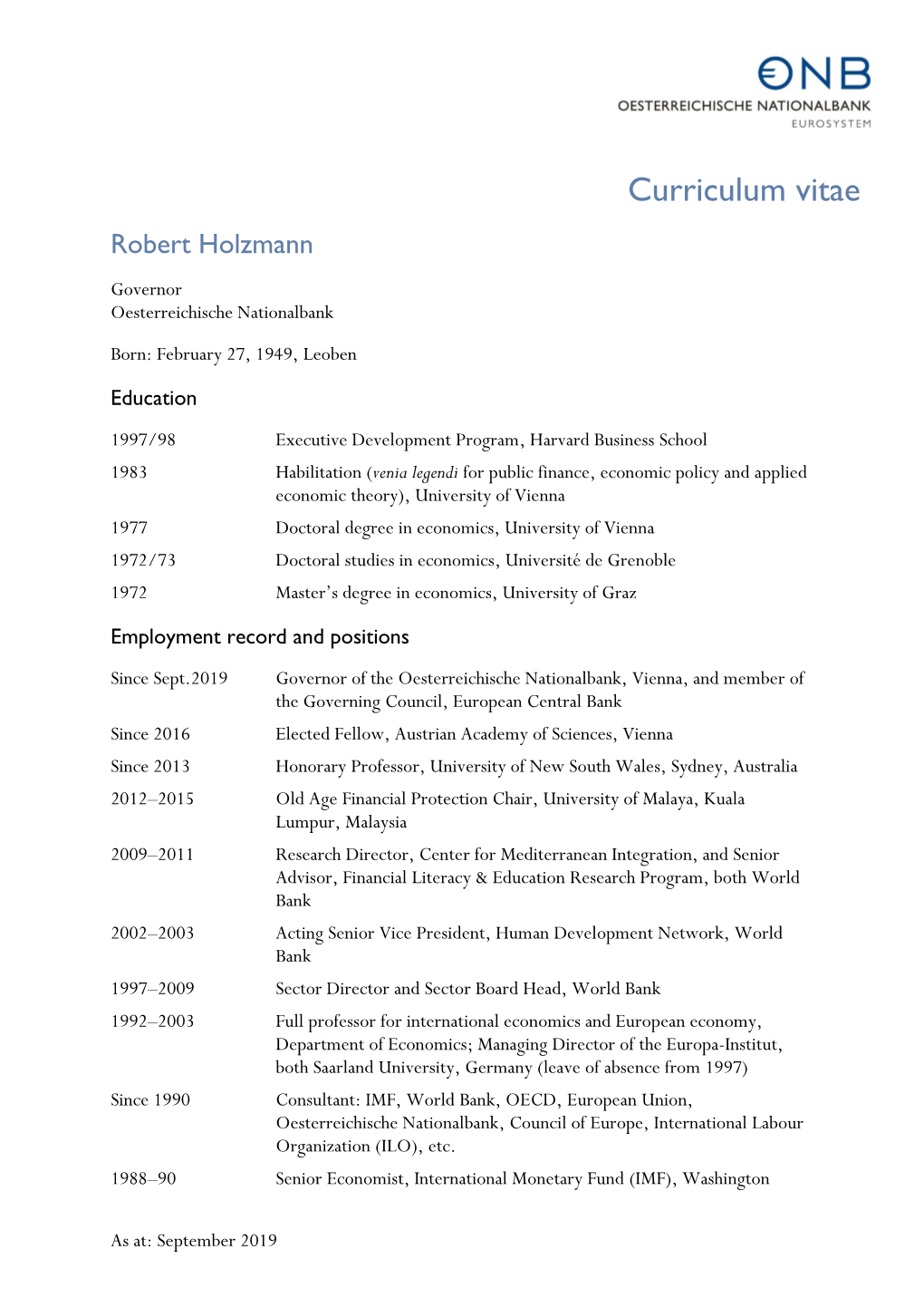 Curriculum Vitae Robert Holzmann