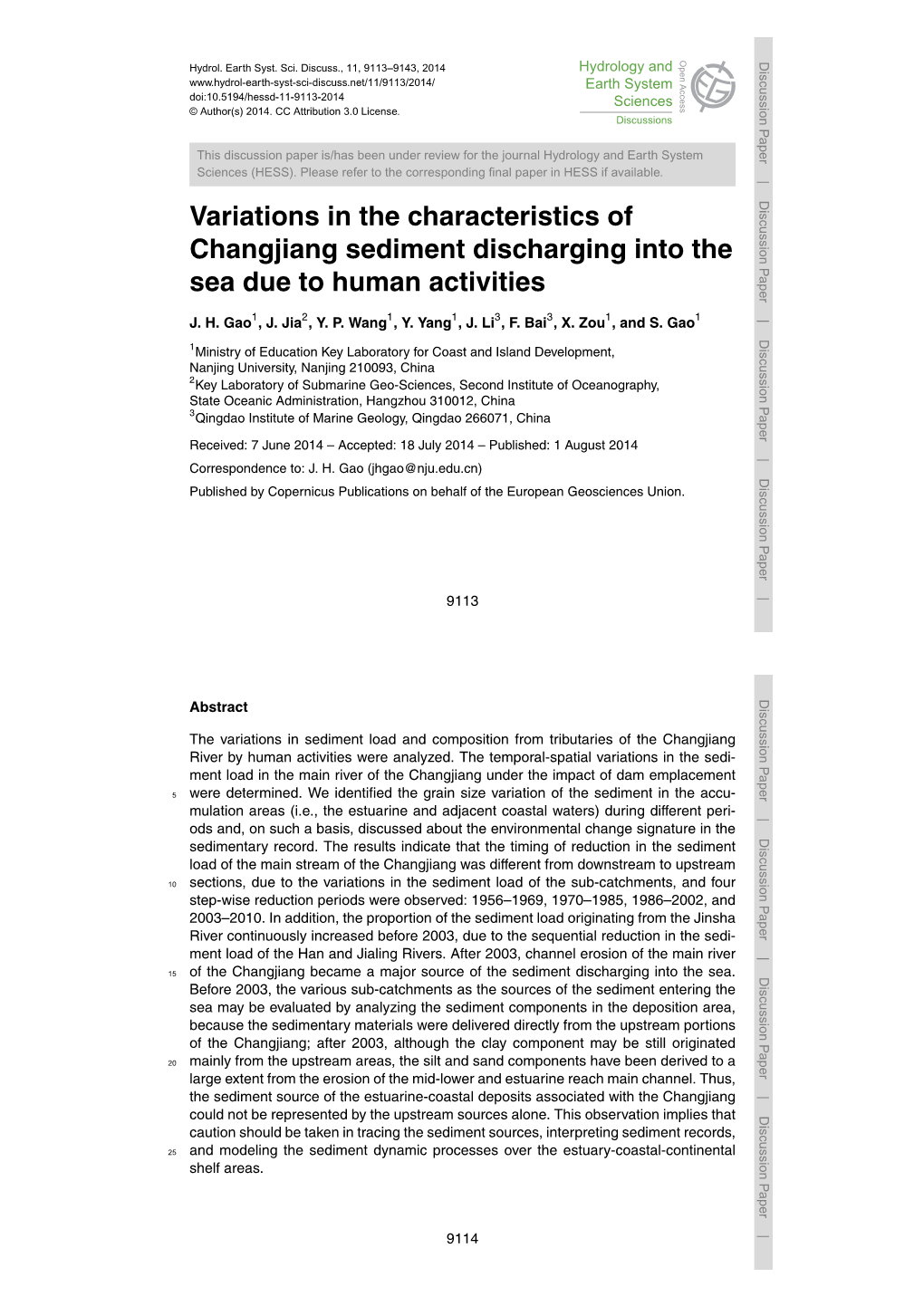 Variations in the Characteristics of Changjiang Sediment Discharging Into the Sea Due to Human Activities J