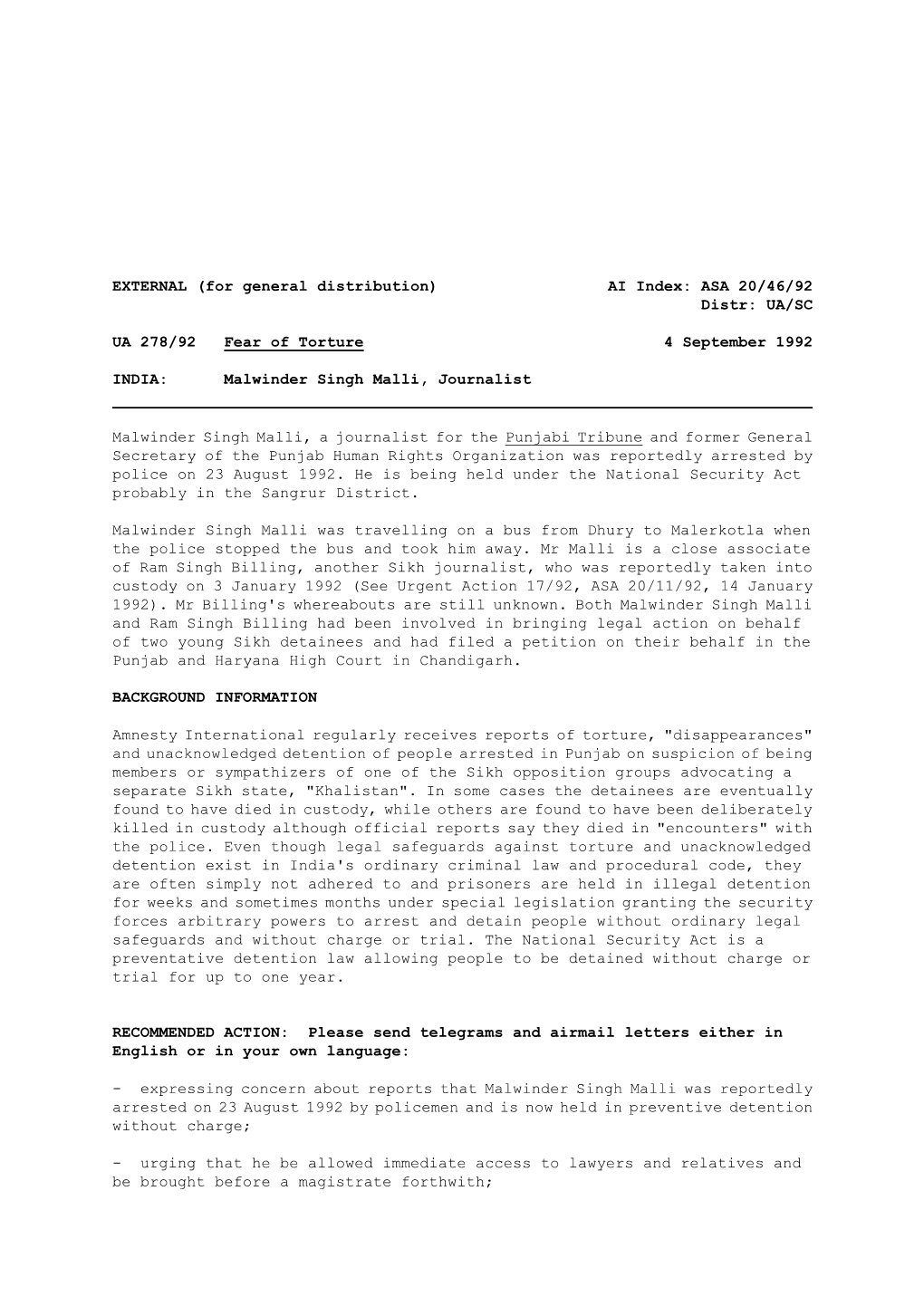 EXTERNAL (For General Distribution) AI Index: ASA 20/46/92 Distr: UA/SC