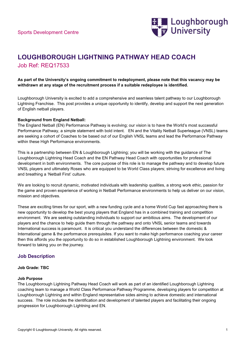 LOUGHBOROUGH LIGHTNING PATHWAY HEAD COACH Job Ref: REQ17533