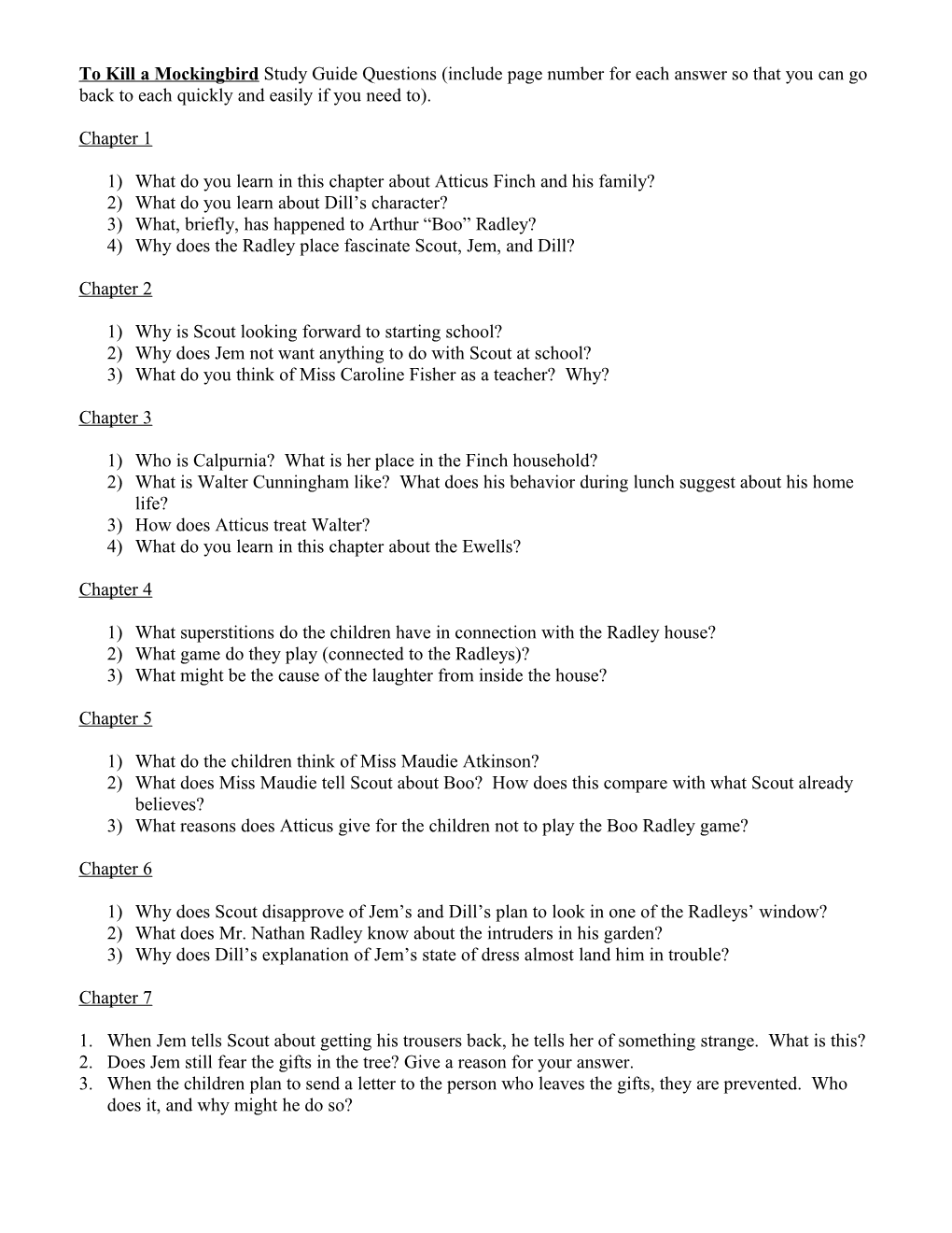 To Kill a Mockingbird Study Guide Questions s2