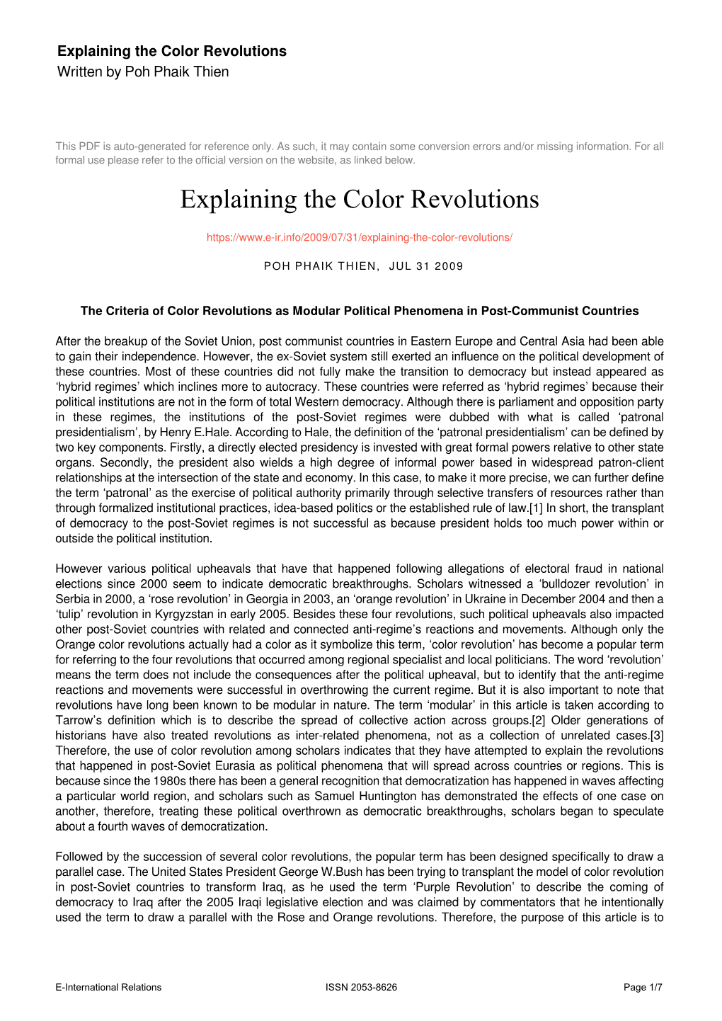 Explaining the Color Revolutions Written by Poh Phaik Thien