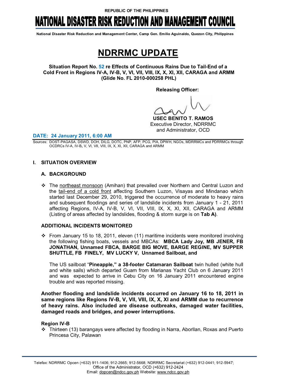 NDRRMC Update Sitrep No. 52 Flooding & Landslides 24 Jan2011