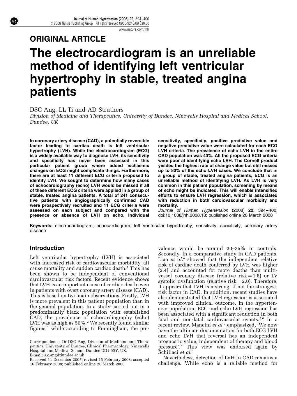 The Electrocardiogram Is an Unreliable Method of Identifying Left Ventricular Hypertrophy in Stable, Treated Angina Patients