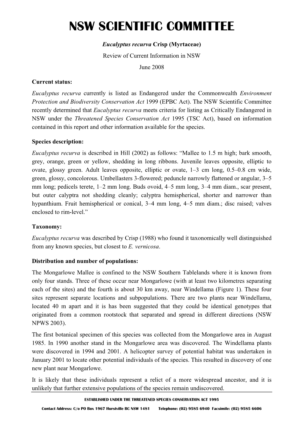 Eucalyptus Recurva Crisp (Myrtaceae) Review of Current Information in NSW June 2008