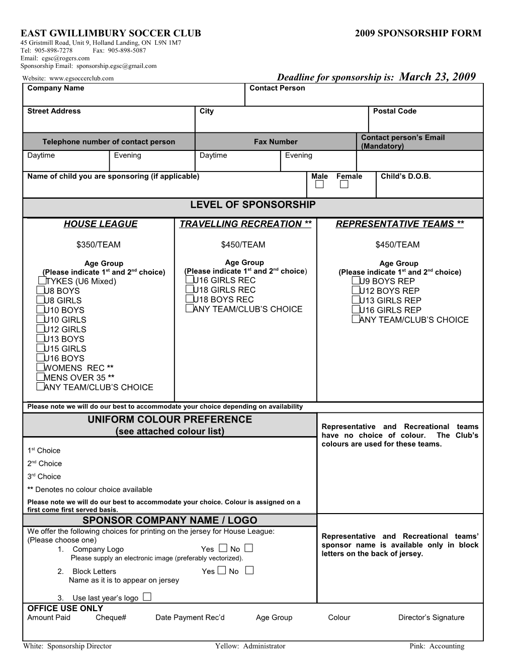 East Gwillimbury Soccer Club 2009 Sponsorship Form