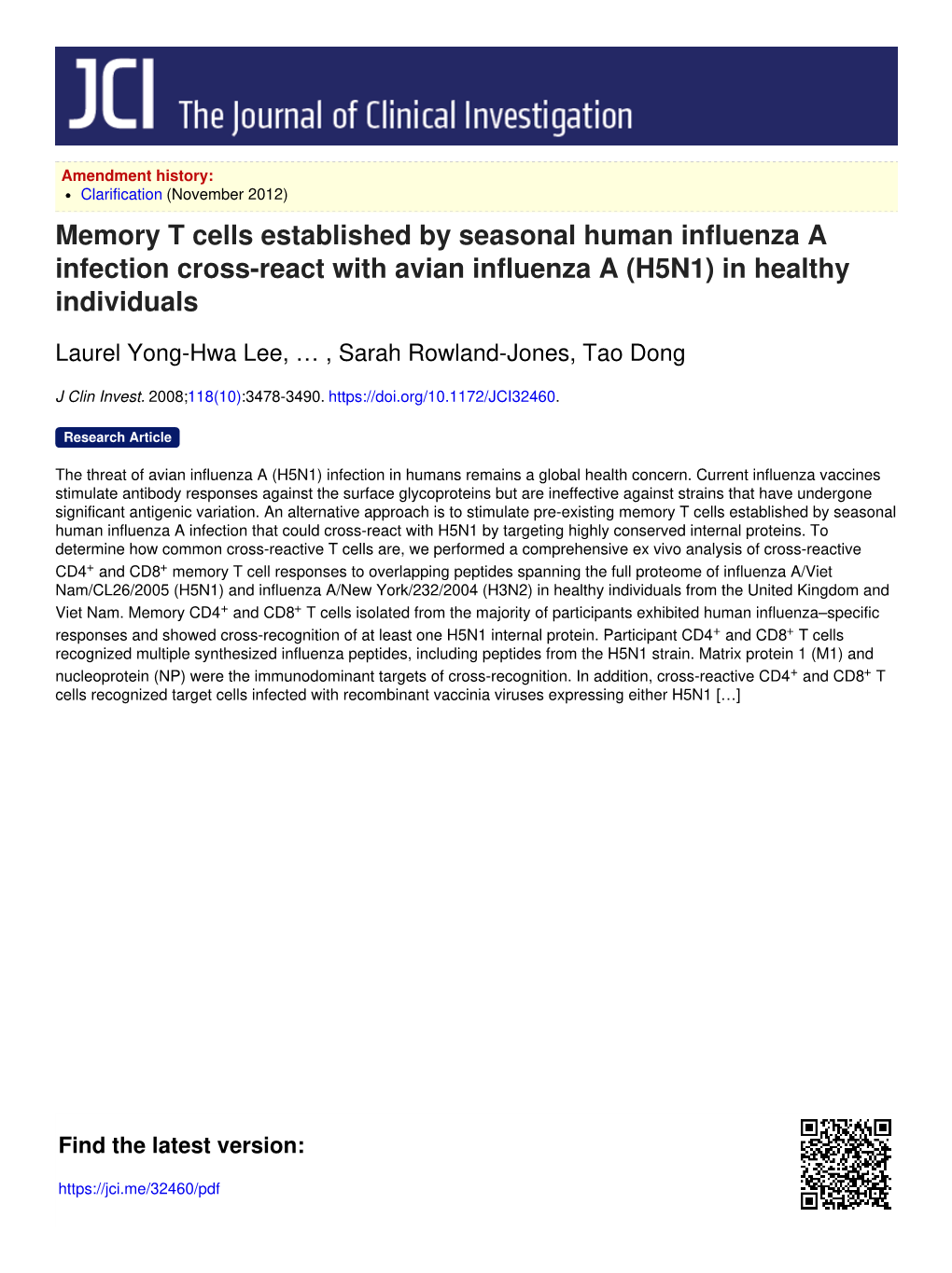 Memory T Cells Established by Seasonal Human Influenza a Infection Cross-React with Avian Influenza a (H5N1) in Healthy Individuals