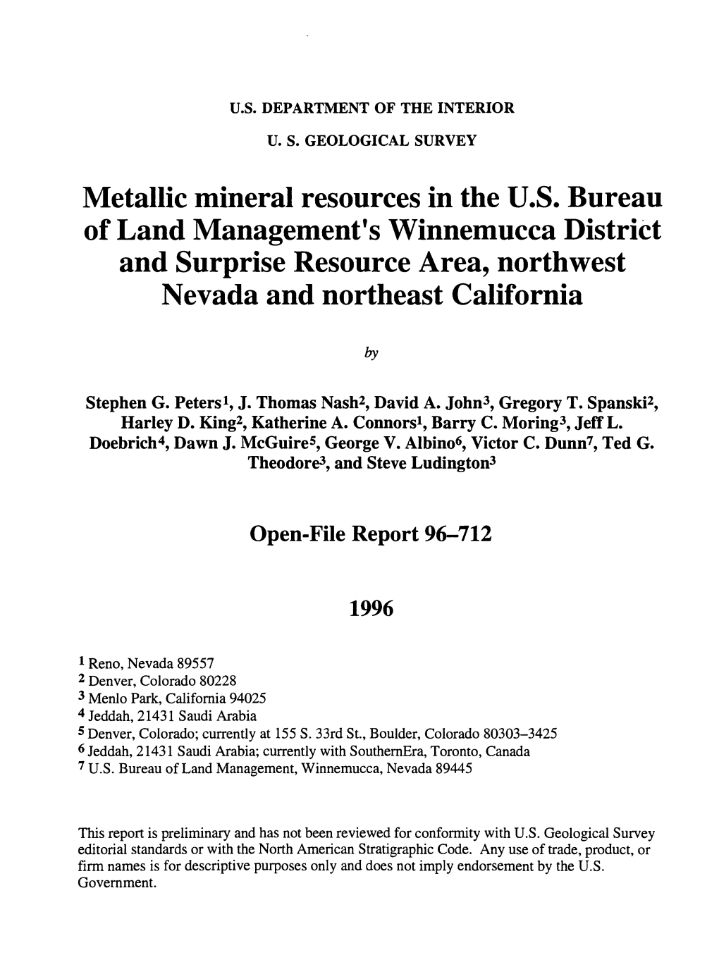 Metallic Mineral Resources in the U.S. Bureau of Land Management's Winnemucca District and Surprise Resource Area, Northwest Nevada and Northeast California