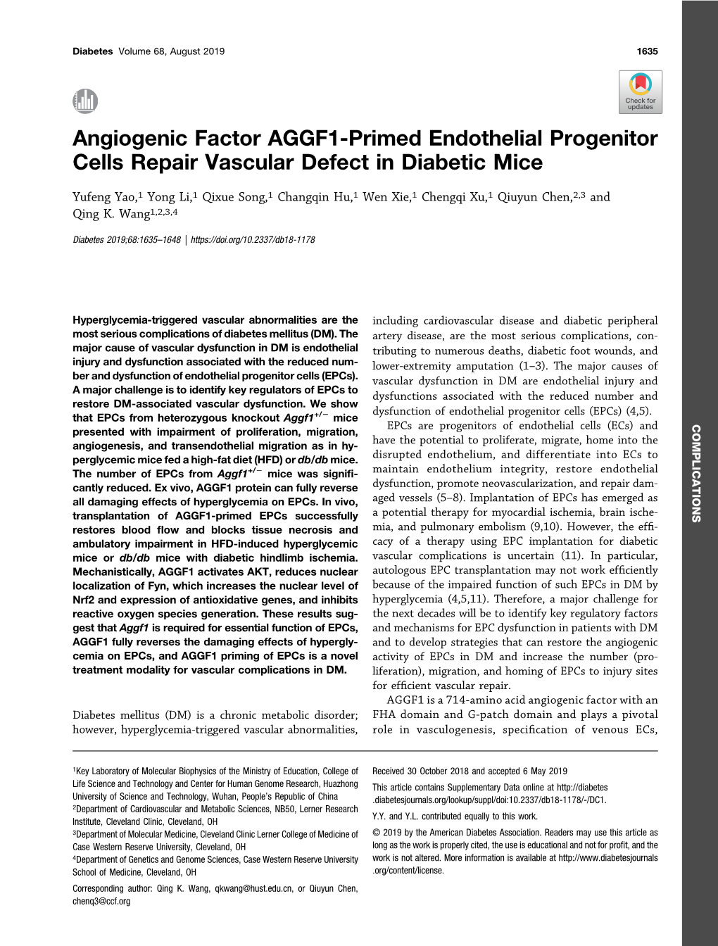 Angiogenic Factor AGGF1-Primed Endothelial Progenitor Cells Repair Vascular Defect in Diabetic Mice