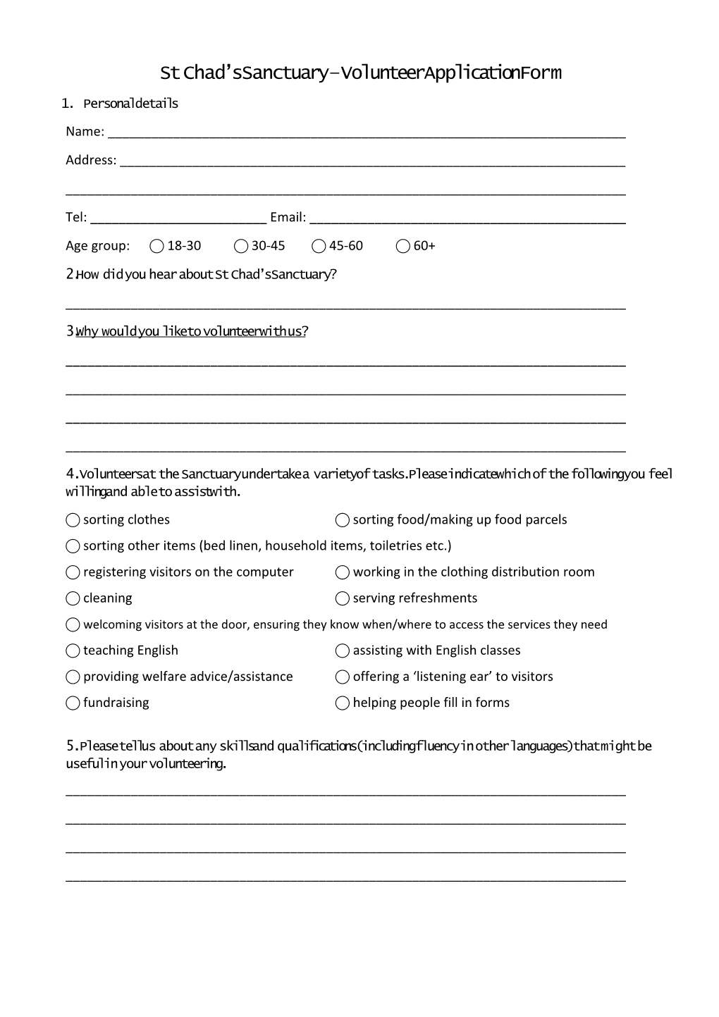 St Chad S Sanctuary Volunteer Application Form