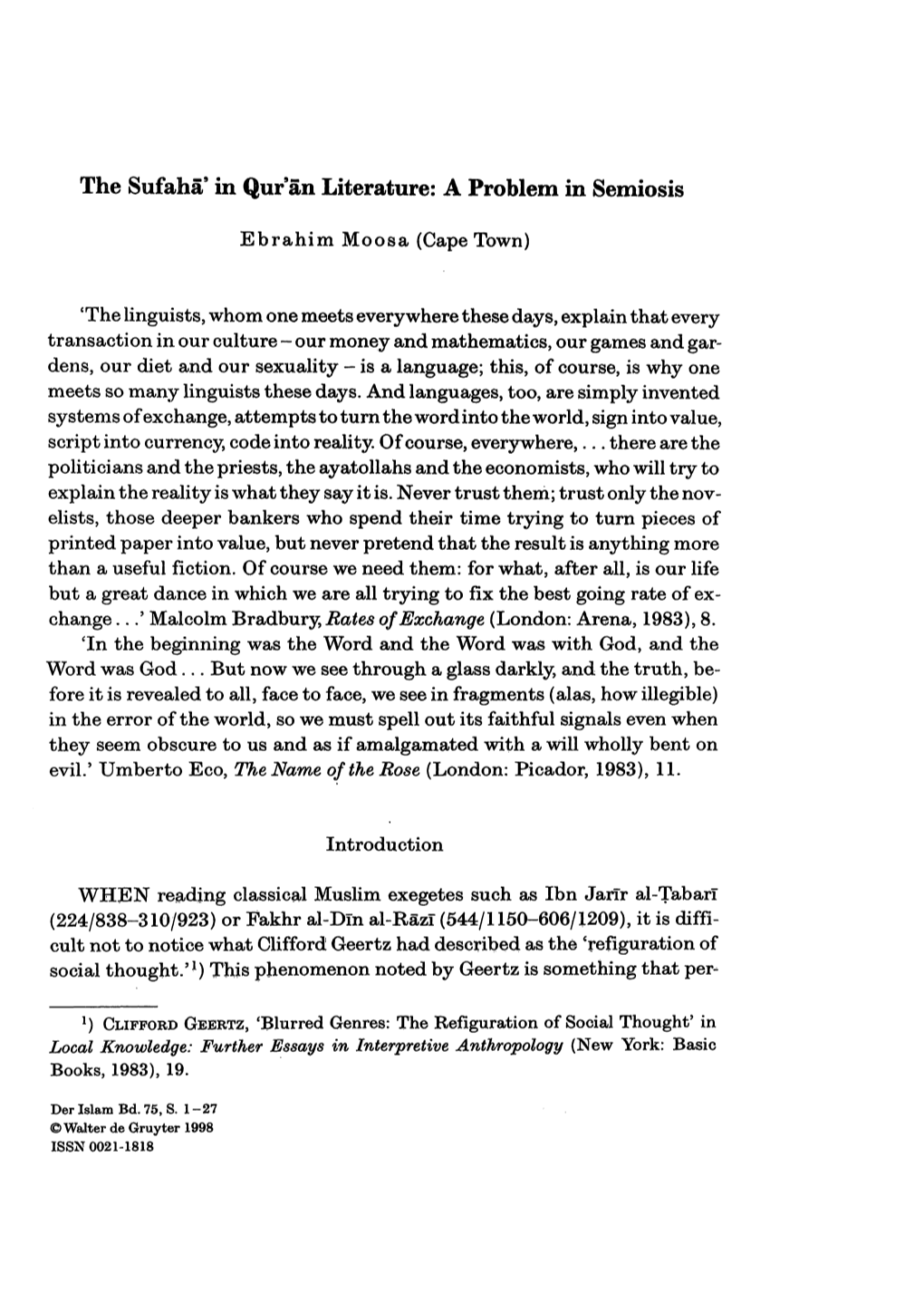 The Sufahä9 in Qur'än Literature: a Problem in Semiosis