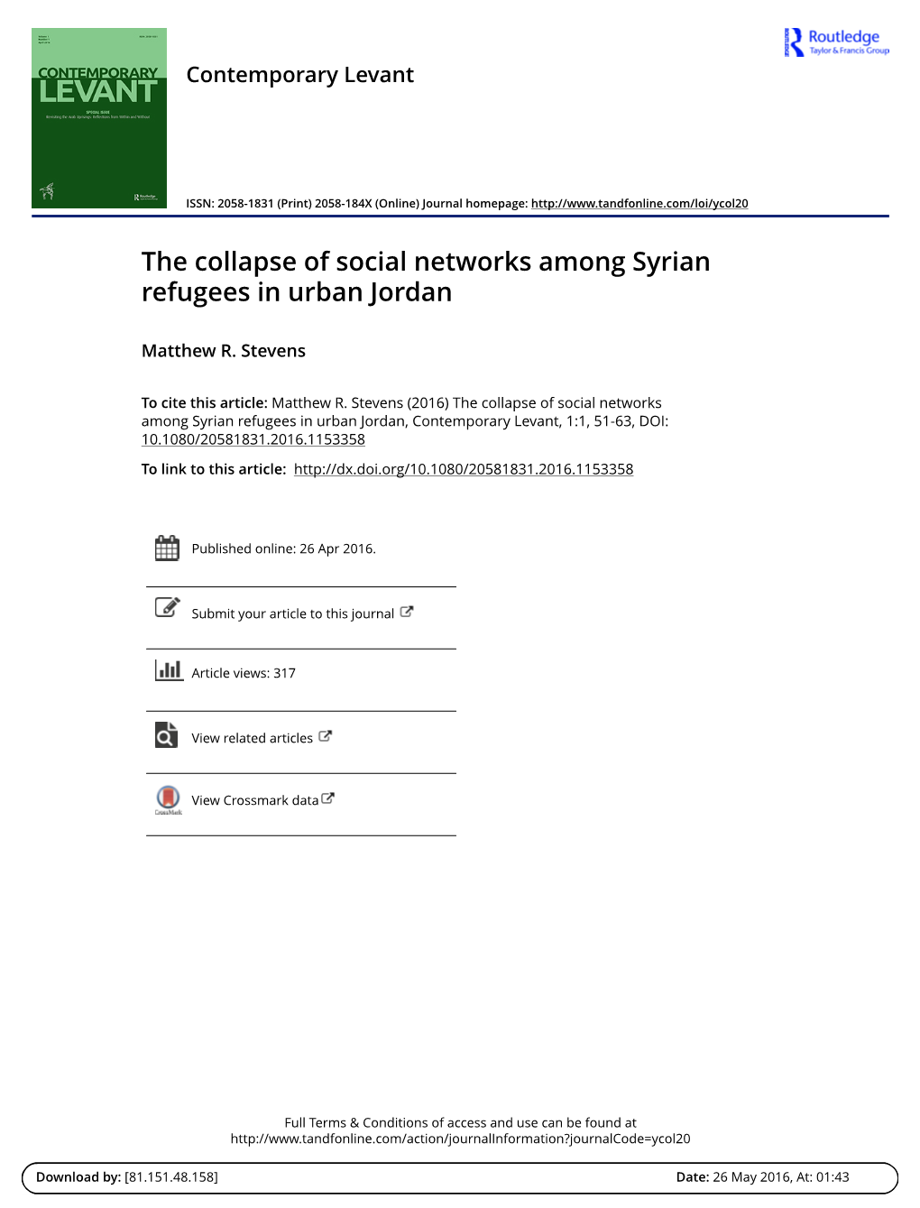 The Collapse of Social Networks Among Syrian Refugees in Urban Jordan