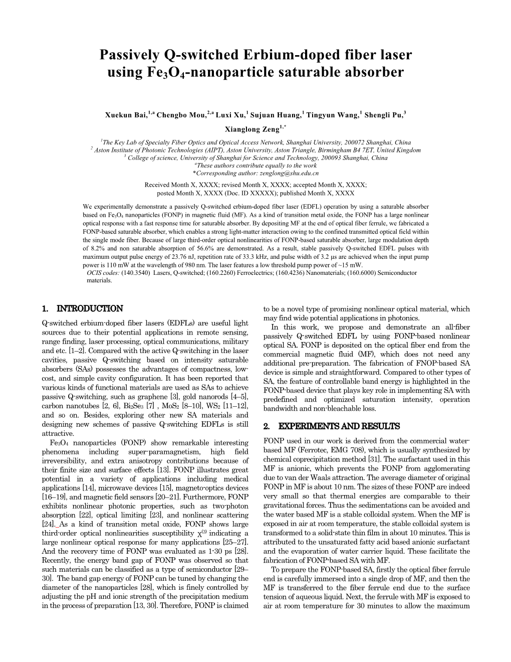 Passively Q-Switched Erbium-Doped Fiber Laser Using Fe3o4-Nanoparticle Saturable Absorber