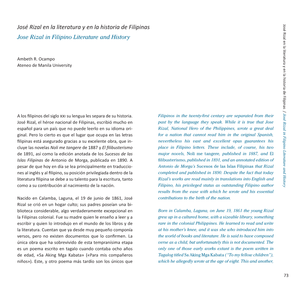 José Rizal En La Literatura Y En La Historia De Filipinas José Rizal En La Literatura Y En La Historia De Filipinas Jose Rizal in Filipino Literature and History