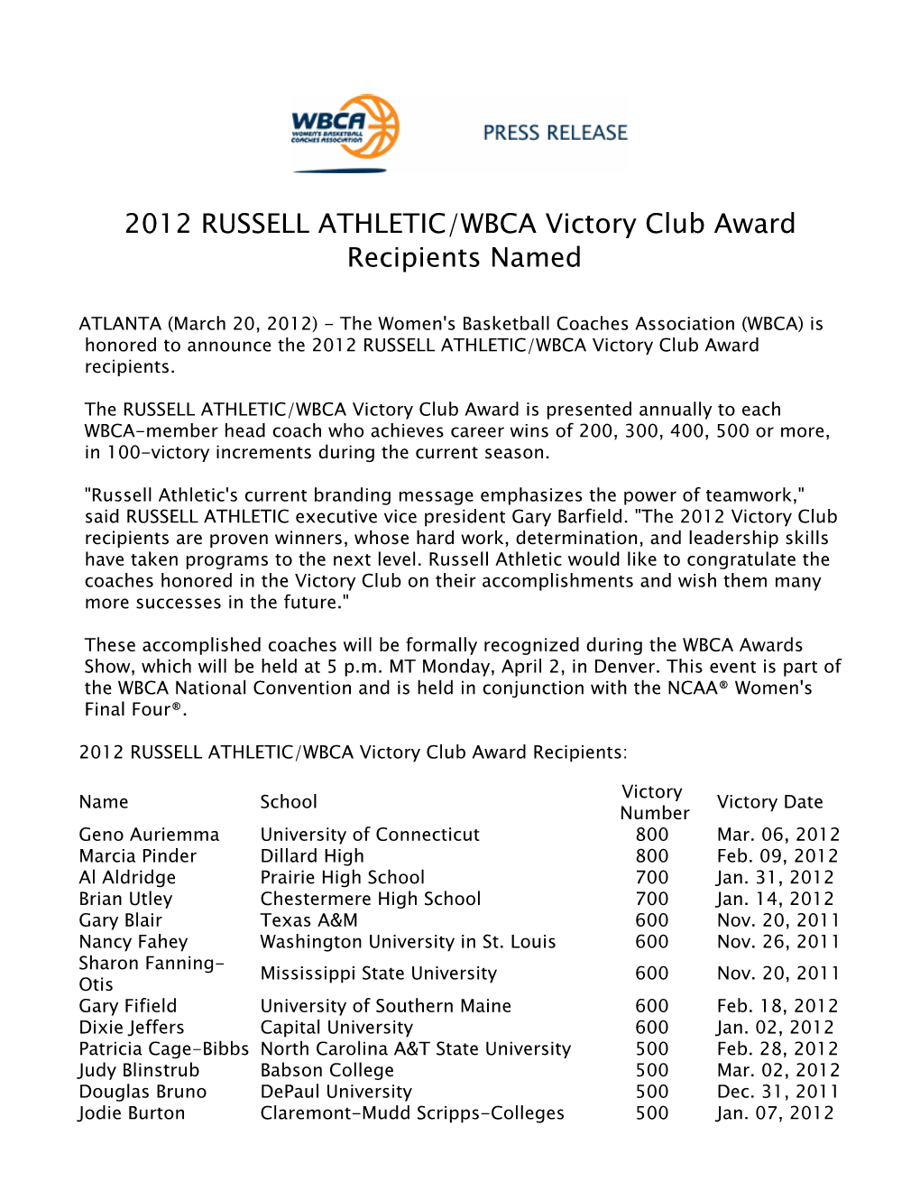 2012 RUSSELL ATHLETIC/WBCA Victory Club Award Recipients Named