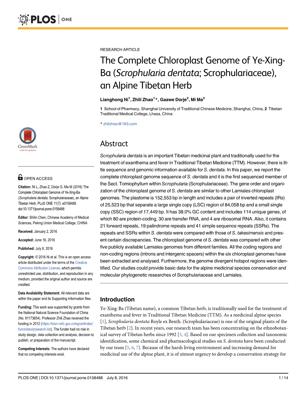 The Complete Chloroplast Genome of Ye-Xing-Ba (Scrophularia Dentata