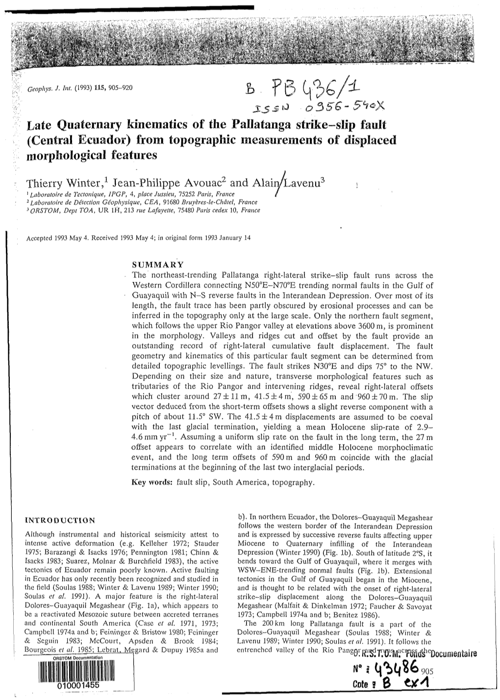 Late Quaternary Kinematics of the Pallatanga Strike-Slip Fault Cnador) from Topographic Measurements of Displaced Morphological Features