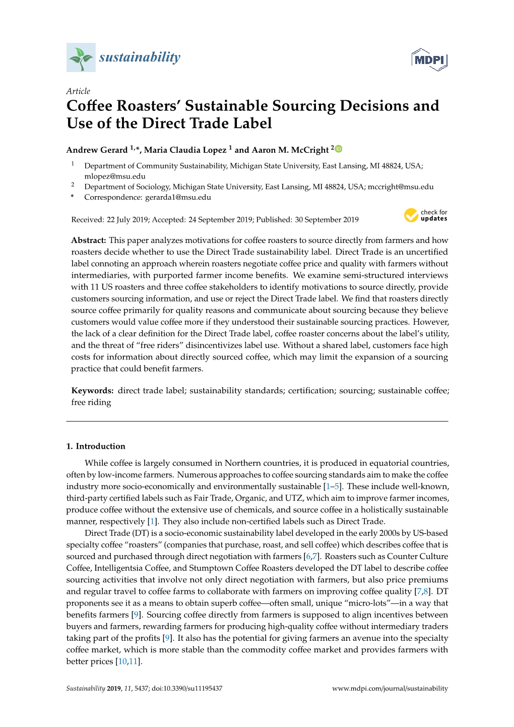 Coffee Roasters' Sustainable Sourcing Decisions and Use of The