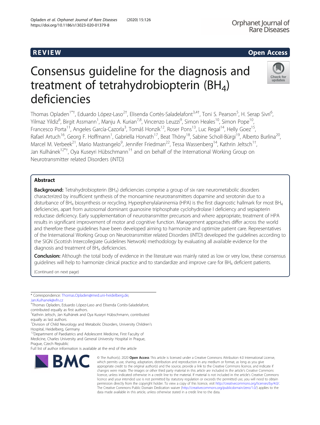 Consensus Guideline for the Diagnosis and Treatment of Tetrahydrobiopterin