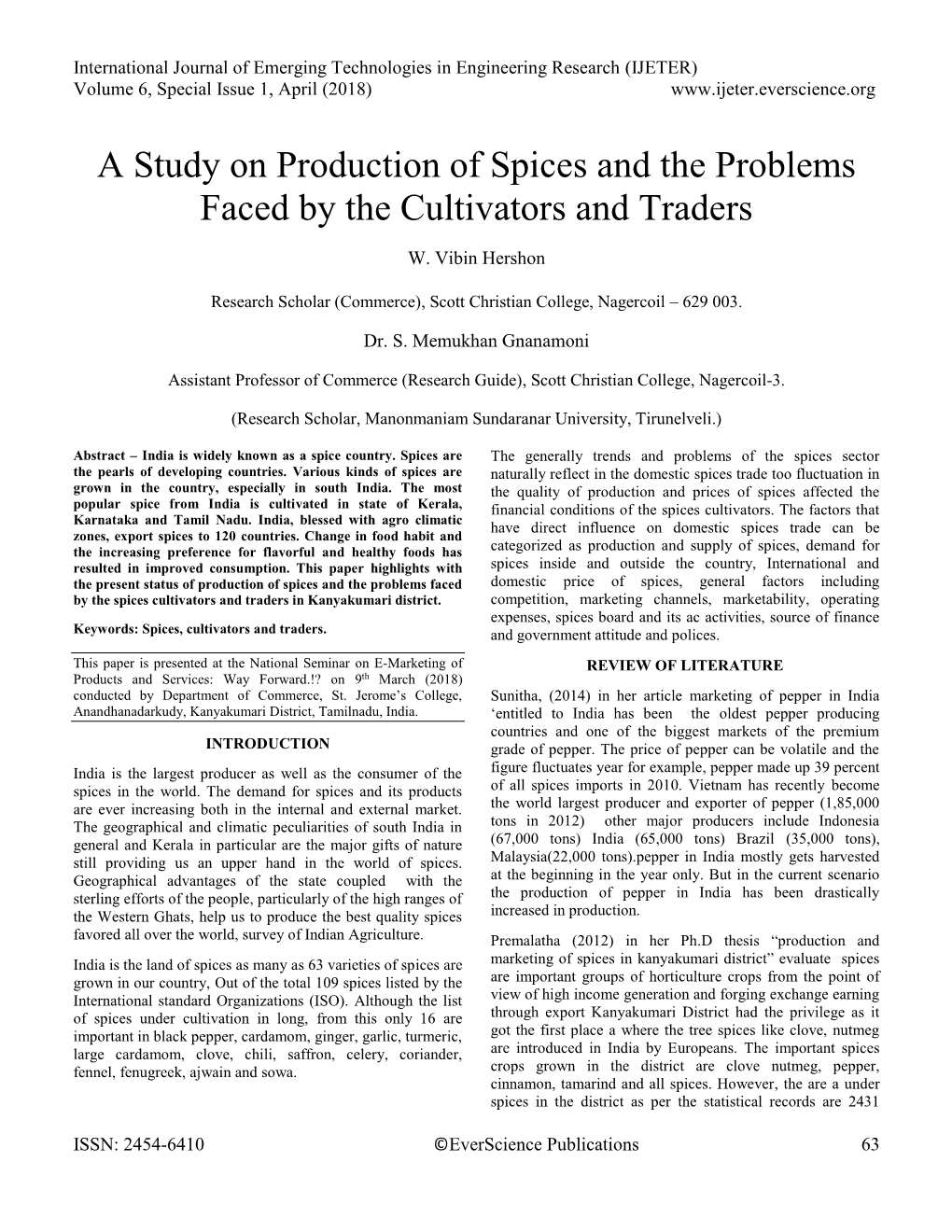 A Study on Production of Spices and the Problems Faced by the Cultivators and Traders