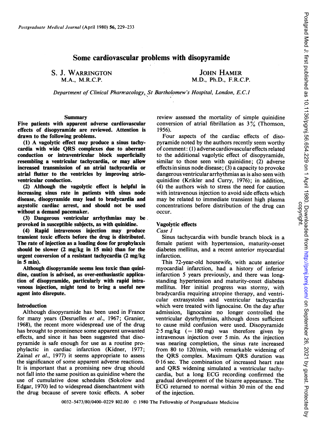 Some Cardiovascular Problems with Disopyramide JOHN HAMER