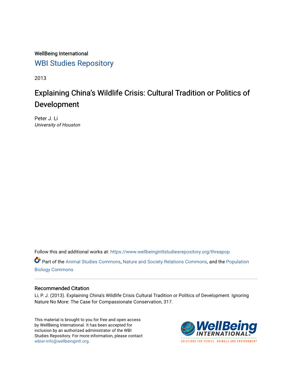 Explaining China's Wildlife Crisis: Cultural Tradition Or Politics of Development