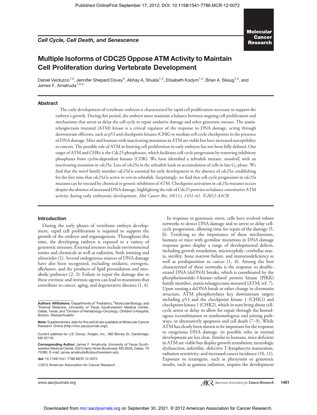 Multiple Isoforms of CDC25 Oppose ATM Activity to Maintain Cell Proliferation During Vertebrate Development