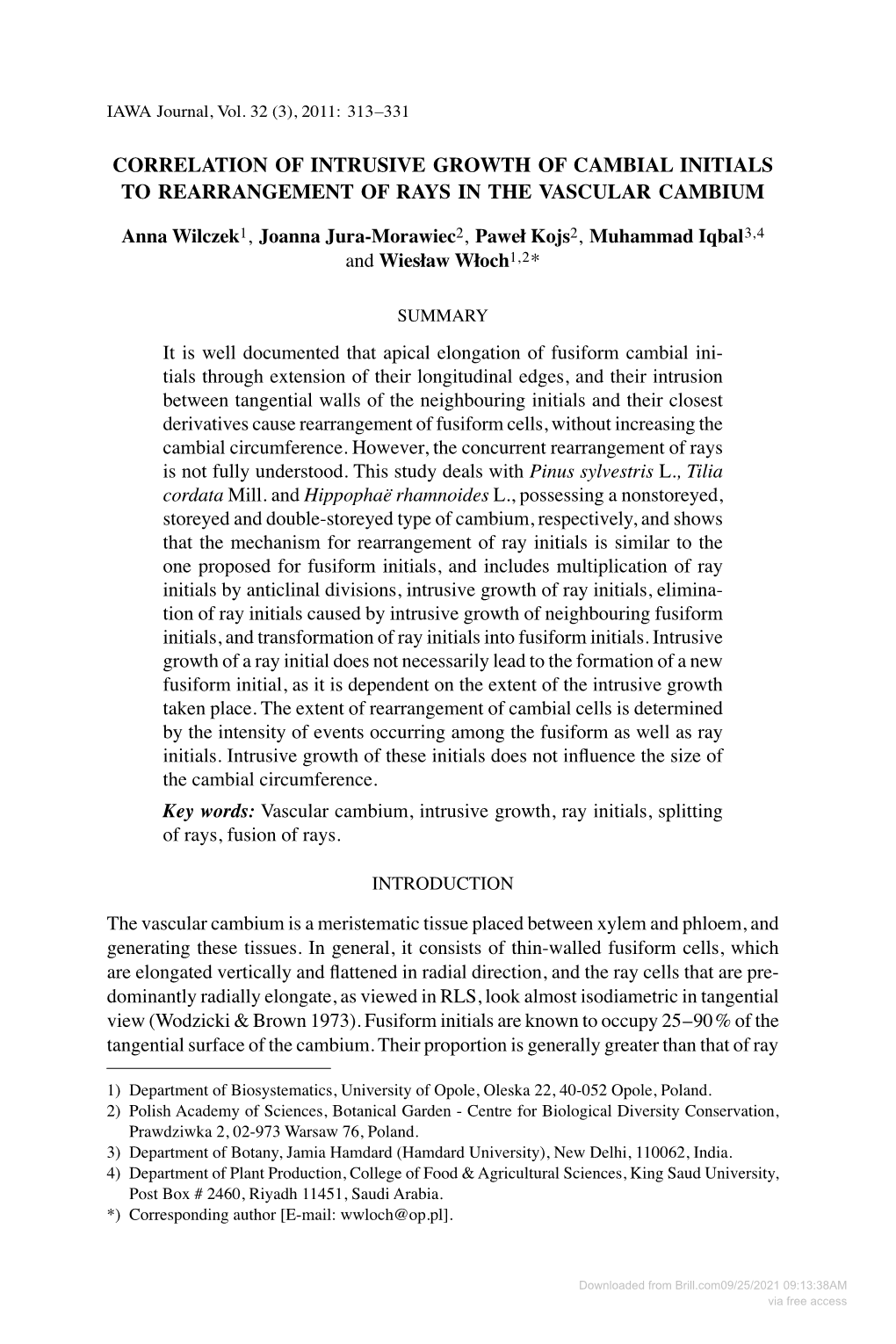 CORRELATION of INTRUSIVE GROWTH of CAMBIAL INITIALS to REARRANGEMENT of RAYS in the VASCULAR CAMBIUM Anna Wilczek1, Joanna Juras