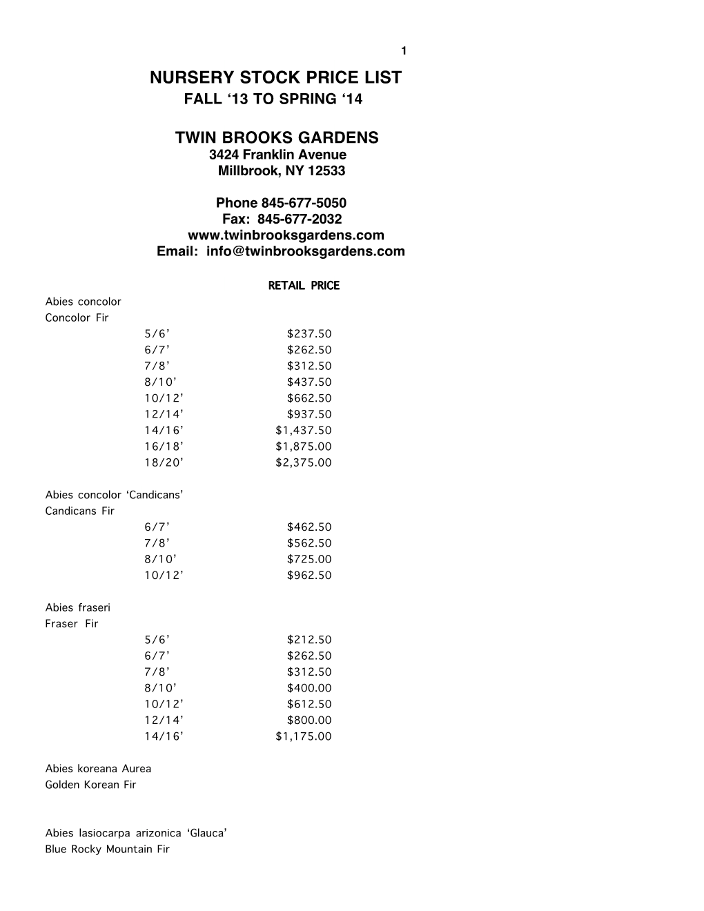 Twin Brooks Tree Price List