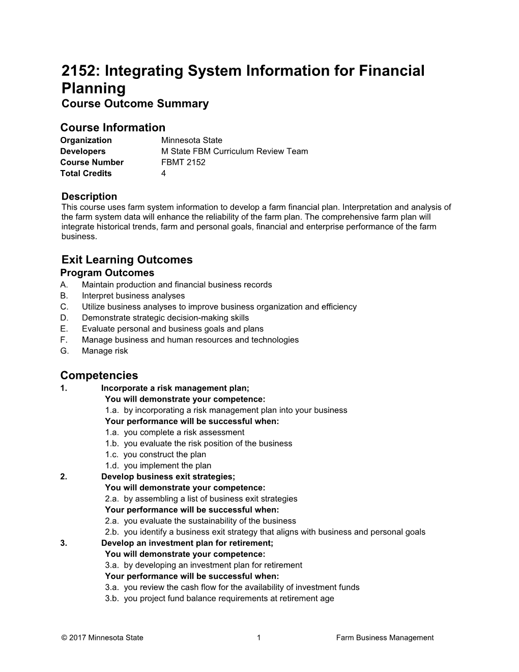 2152: Integrating System Information for Financial Planning Course Outcome Summary