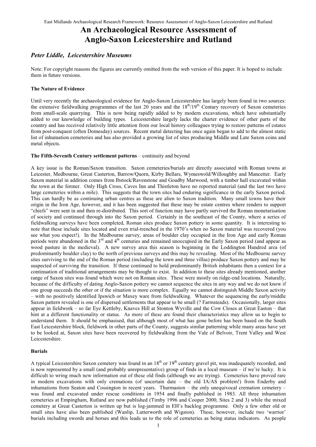 Anglo-Saxon Leicestershire and Rutland an Archaeological Resource Assessment of Anglo-Saxon Leicestershire and Rutland