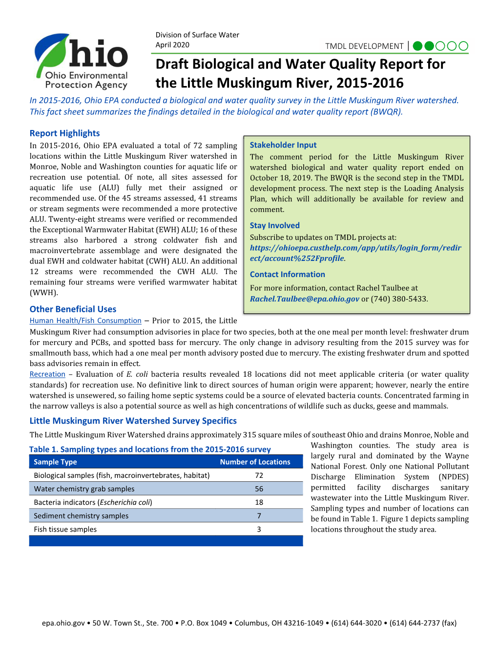 Draft Biological and Water Quality Report for the Little Muskingum