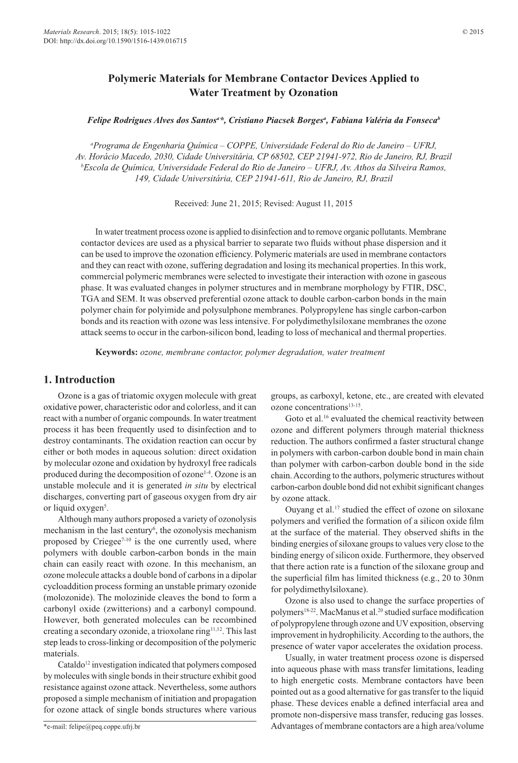 Polymeric Materials for Membrane Contactor Devices Applied to Water Treatment by Ozonation