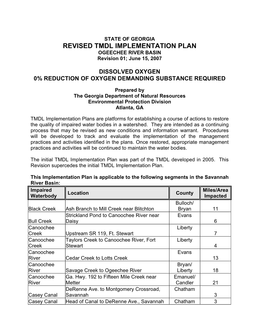 REVISED TMDL IMPLEMENTATION PLAN OGEECHEE RIVER BASIN Revision 01; June 15, 2007