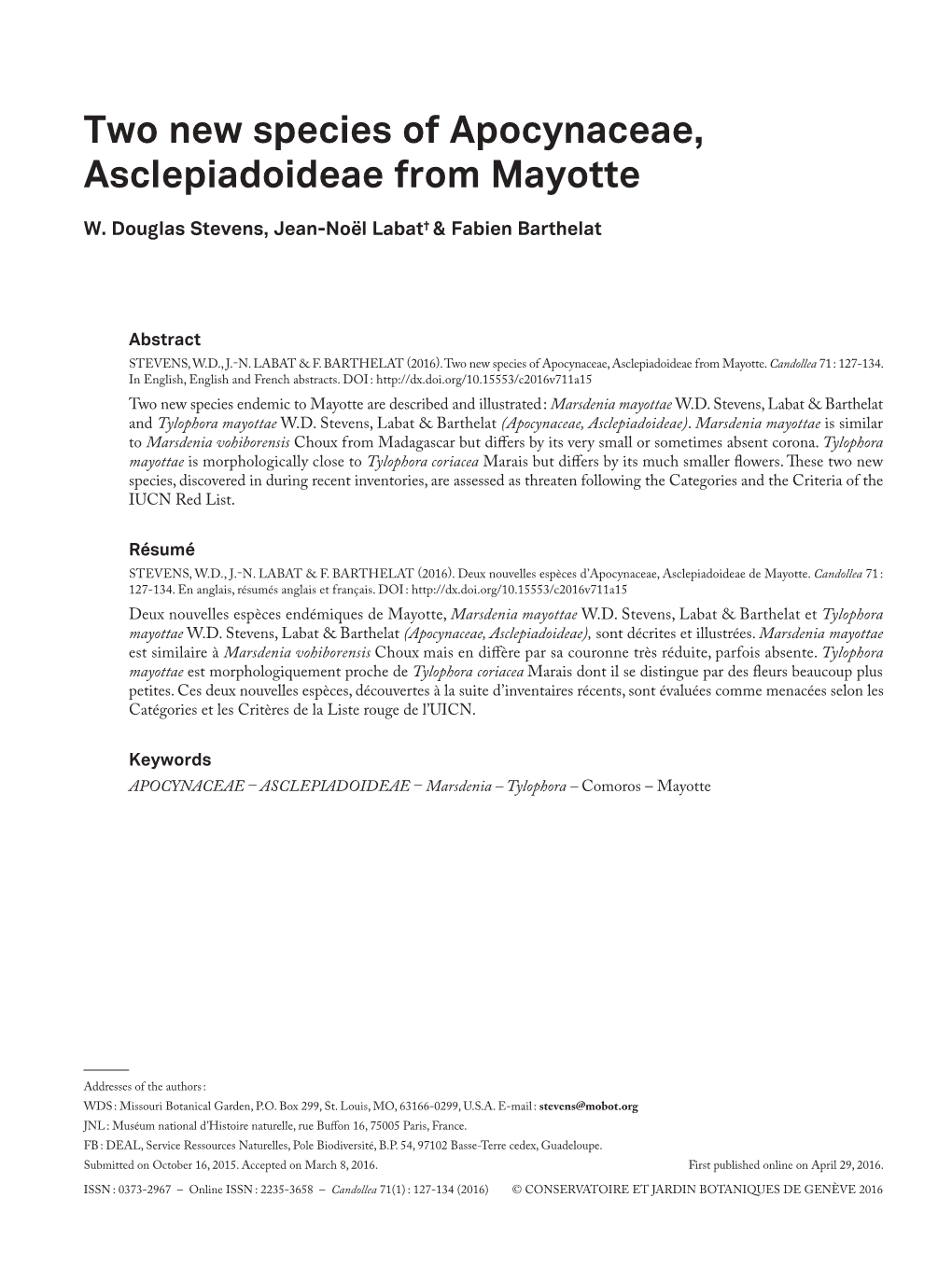 Two New Species of Apocynaceae, Asclepiadoideae from Mayotte