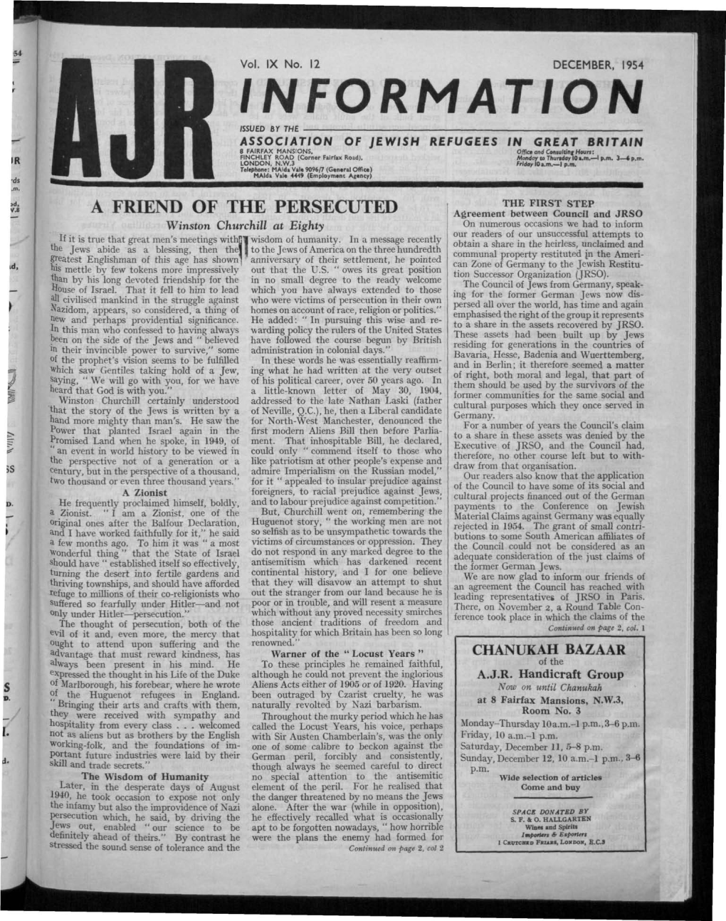 Information Issued by the Association of Jewish Refugees in Great Britain 8 Fairfax Mansions