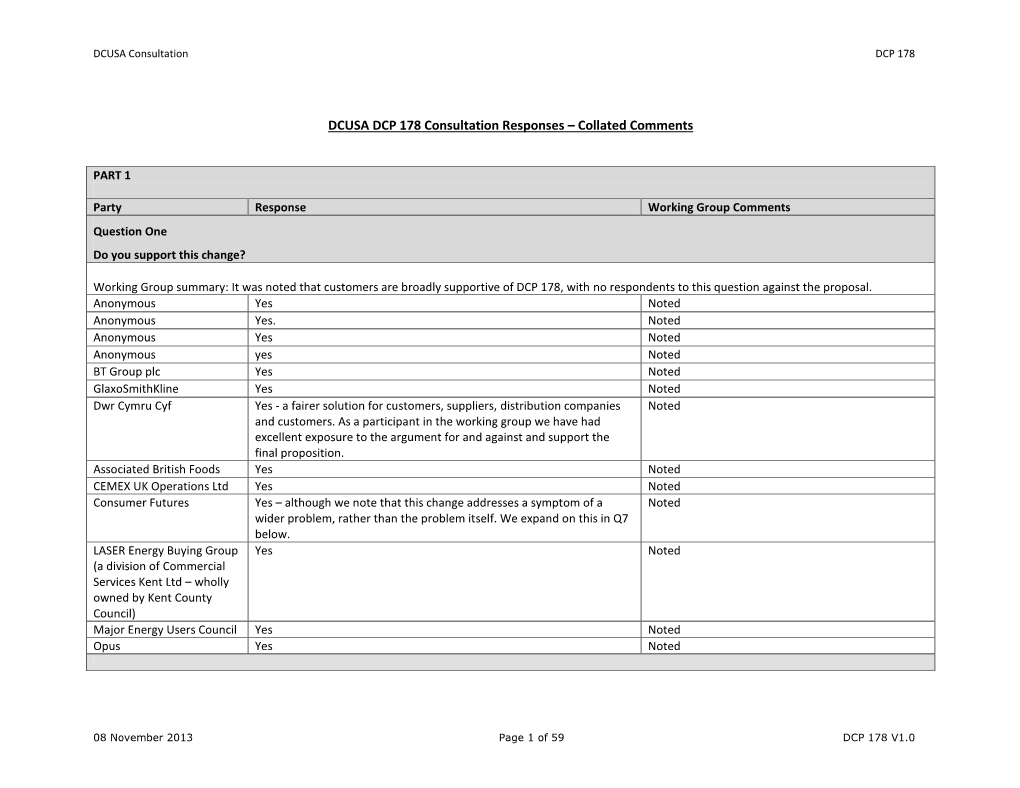 DCP178 – Consultation One Questions and Responses