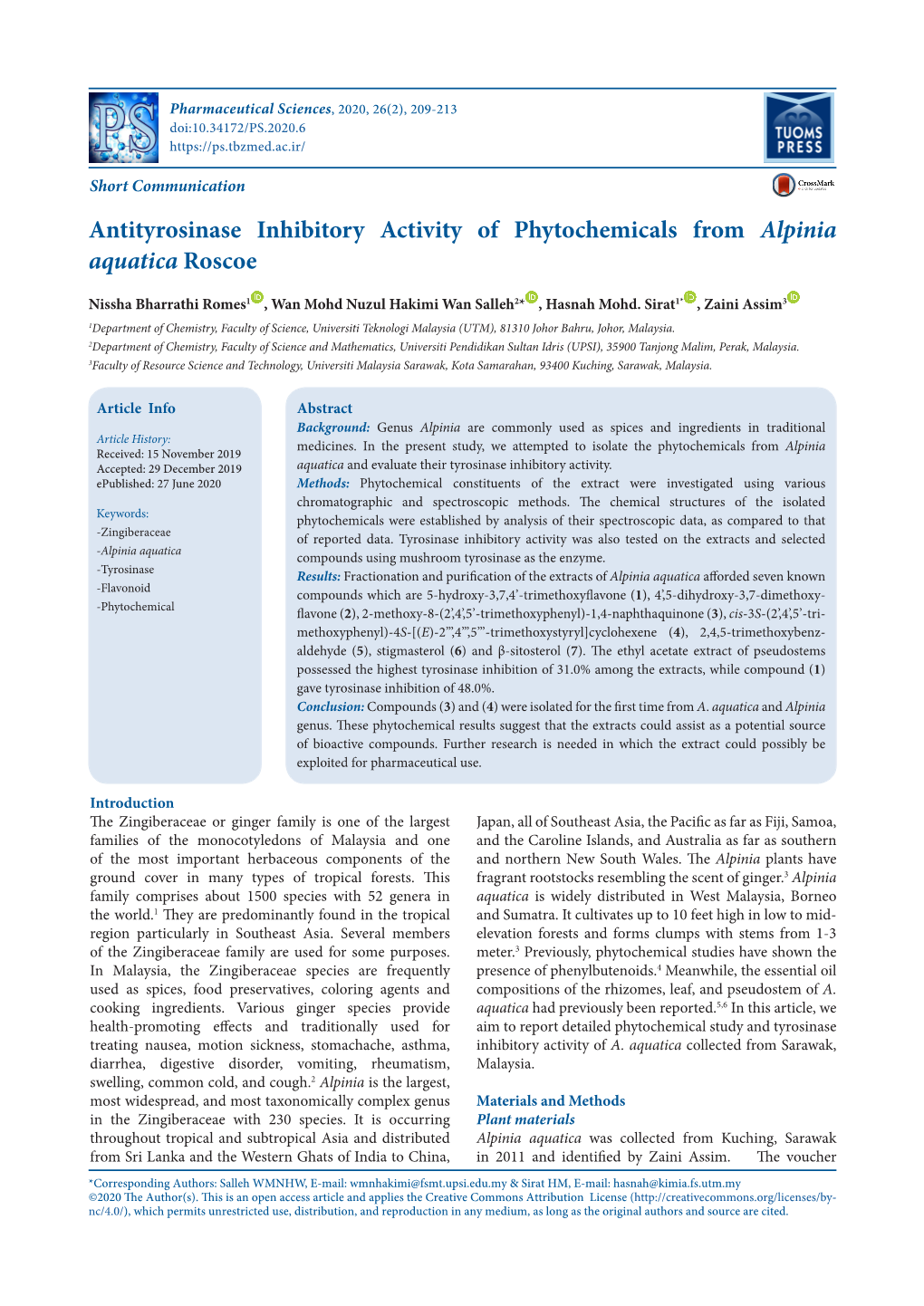 Antityrosinase Inhibitory Activity of Phytochemicals from Alpinia Aquatica Roscoe